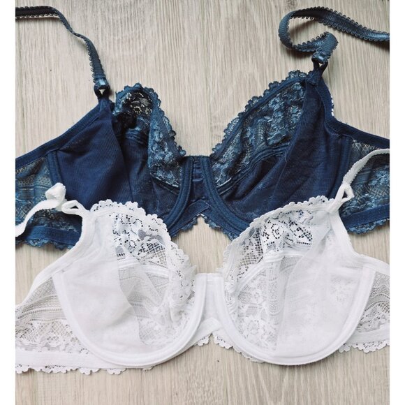 Wacoal Embrace Lace Lot Of 2 Blue White Unlined Underwire Floral Bra 34D - Picture 11 of 12